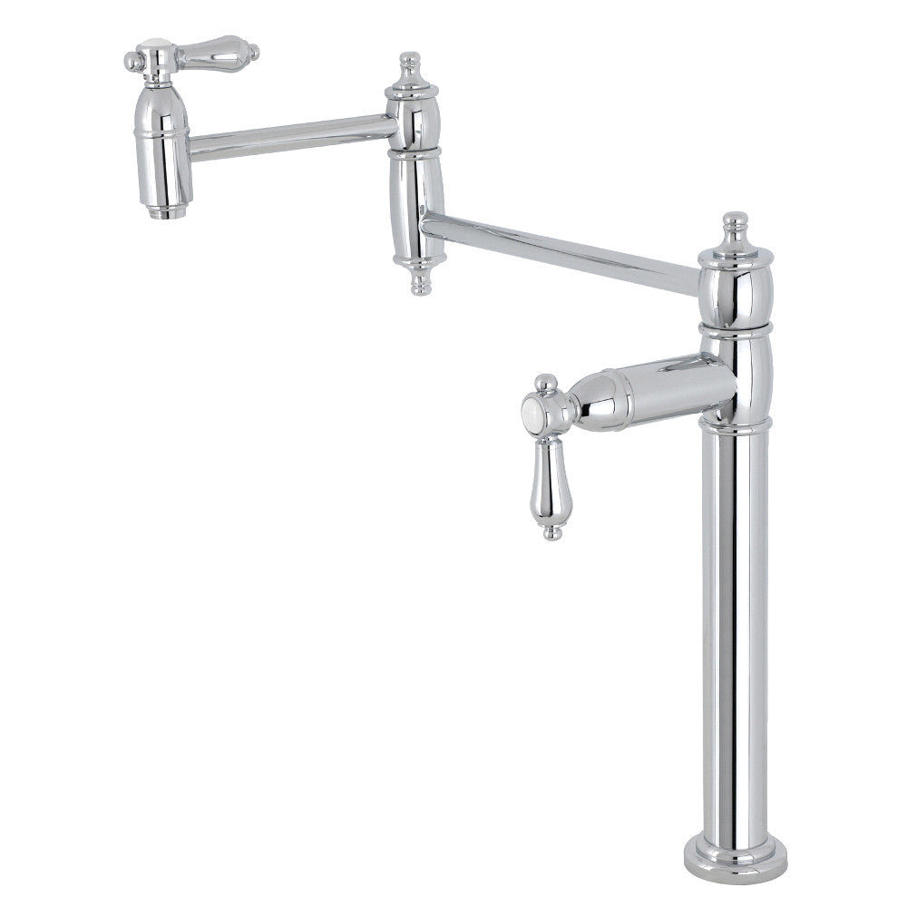 Kingston Brass KS3703BAL Heirloom Deck Mount Pot Filler Faucet, Antique Brass on a sleek countertop with foldable swing arms.
