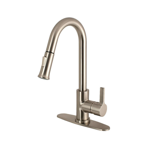 Kingston Brass LS8688CTL Continental Pull-Down Kitchen Faucet showcasing a futuristic curved spout design from the right side.