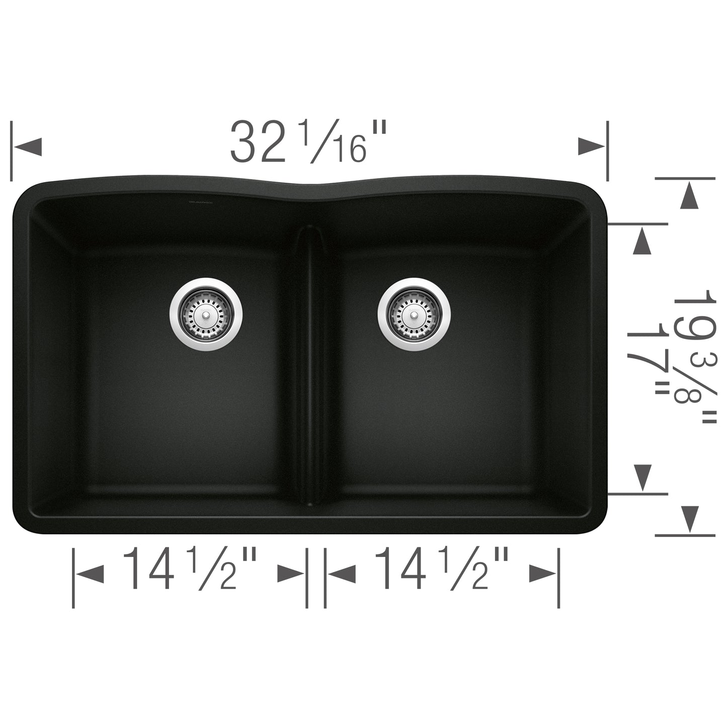 BLANCO Diamond SILGRANIT 32" 50/50 Double Bowl Undermount Kitchen Sink with Low Divide dimensions and design view