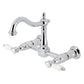 Kingston KS1263BPL Bel-Air Two-Handle Wall Mount Bridge Kitchen Faucet, Antique Brass with white porcelain levers in polished chrome finish.