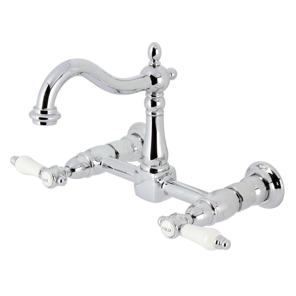 Kingston KS1263BPL Bel-Air Two-Handle Wall Mount Bridge Kitchen Faucet, Antique Brass with white porcelain levers in polished chrome finish.