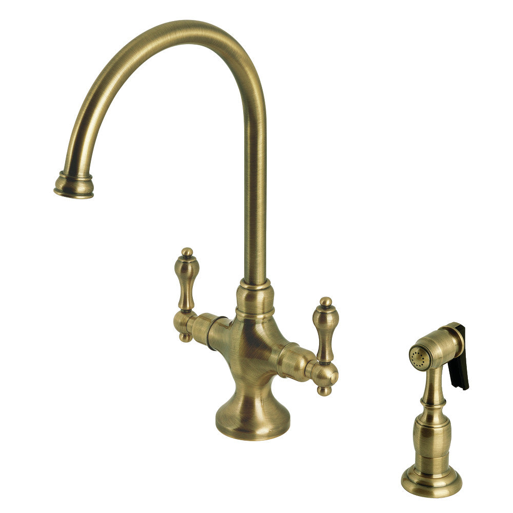Kingston Brass KS1763ALBS Vintage Two-Handle Single-Hole Kitchen Faucet with Brass Sprayer, Antique Brass