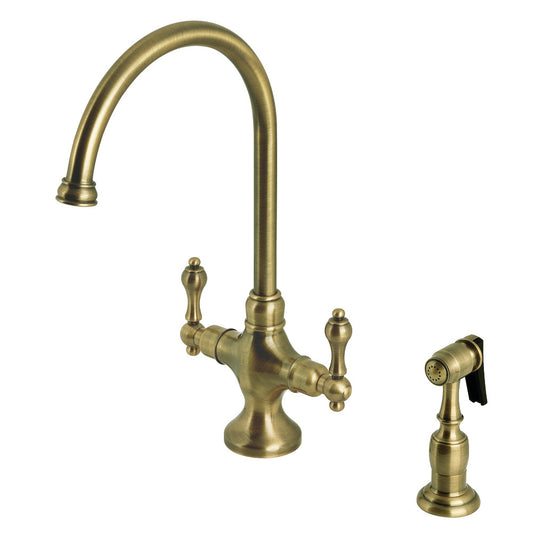 Kingston Brass KS1763ALBS Vintage Two-Handle Single-Hole Kitchen Faucet with Brass Sprayer, Antique Brass