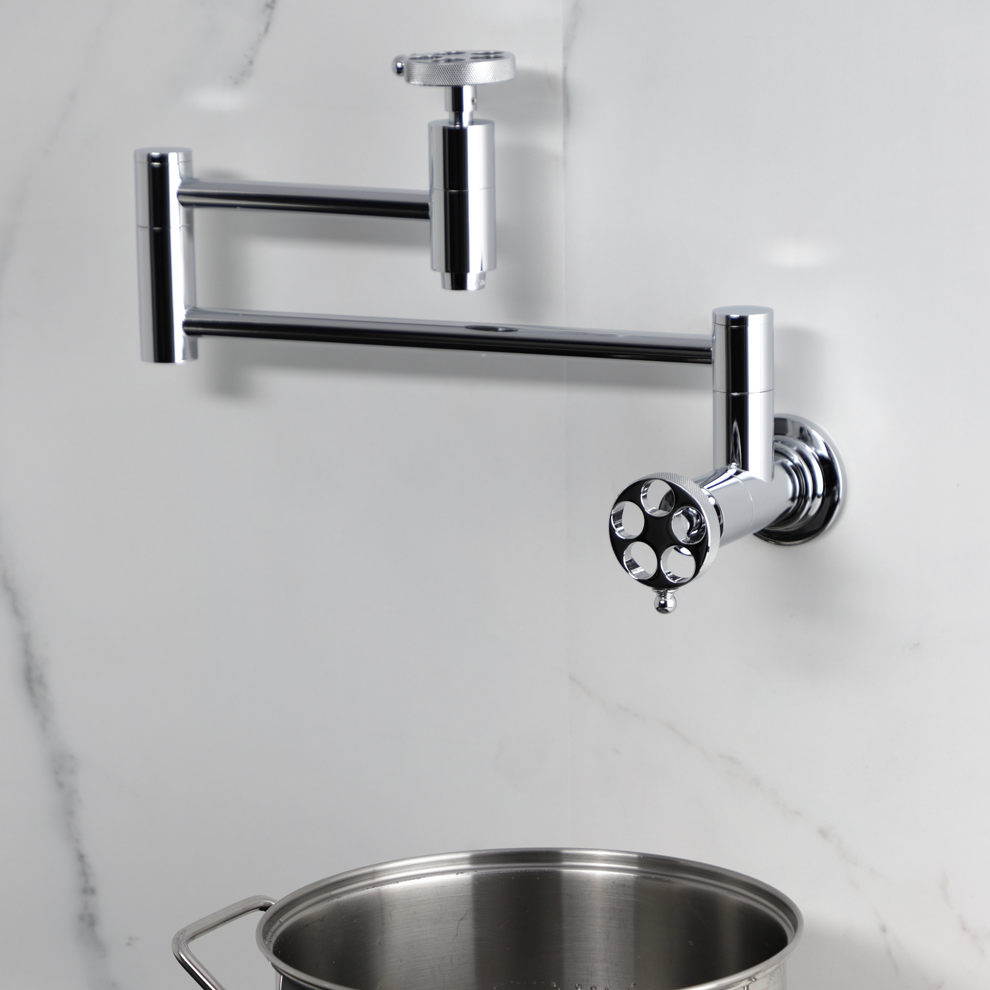 Kingston Brass KS8103RKZ Wendell Wall Mount Pot Filler Faucet with Knurled Handle, Antique Brass