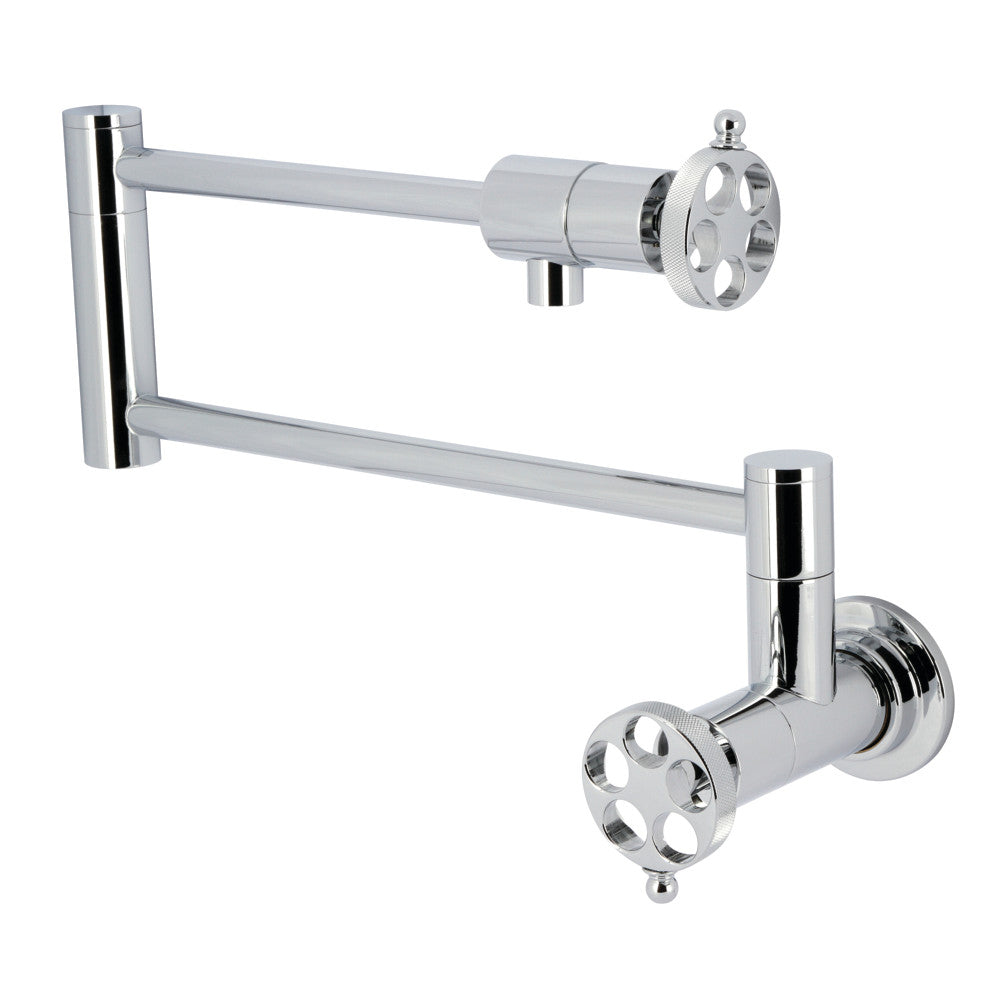 Kingston Brass KS4103RKZ Wendell Wall Mount Pot Filler Faucet with Knurled Handle, Antique Brass image showing polished chrome finish.
