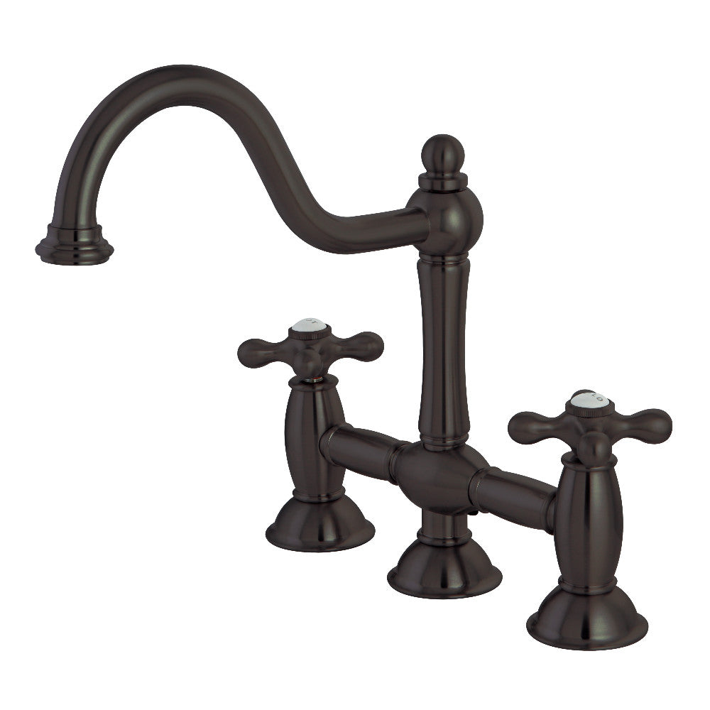 Kingston KS3788AX Restoration Bridge Kitchen Faucet, Brushed Nickel with oil rubbed bronze finish.