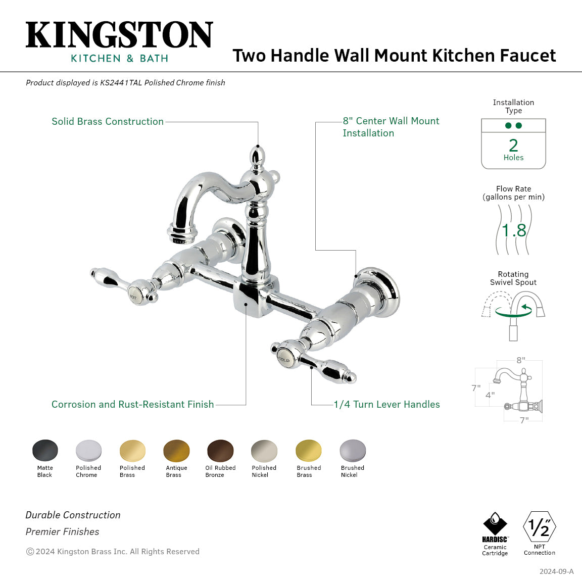 Kingston KS2443TAL Tudor Two-Handle Wall Mount Bridge Kitchen Faucet, Antique Brass with corrosion and rust-resistant finish