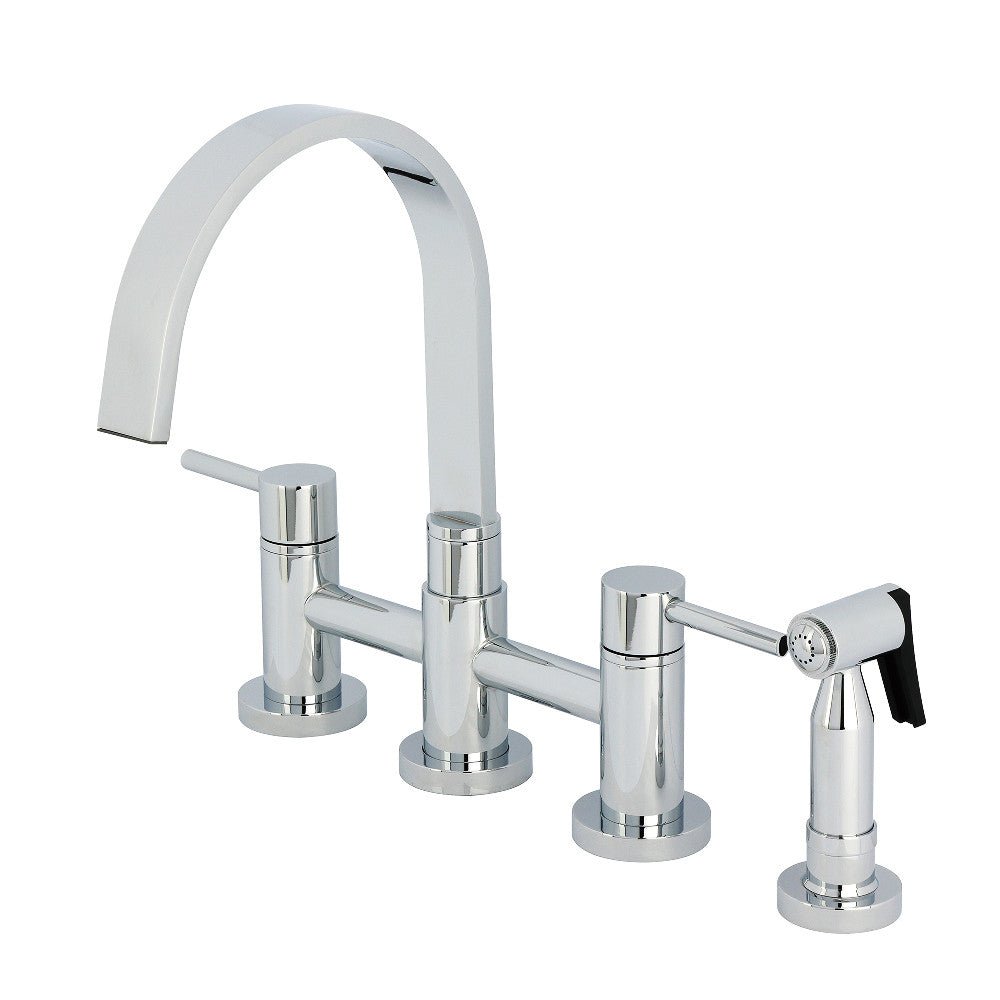 Kingston KS8267DLBS Concord Bridge Kitchen Faucet with Brass Sprayer, Brushed Brass in polished chrome finish.