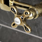 Kingston KS1263AX Heritage Two-Handle Wall Mount Bridge Kitchen Faucet, Antique Brass close-up of cold handle
