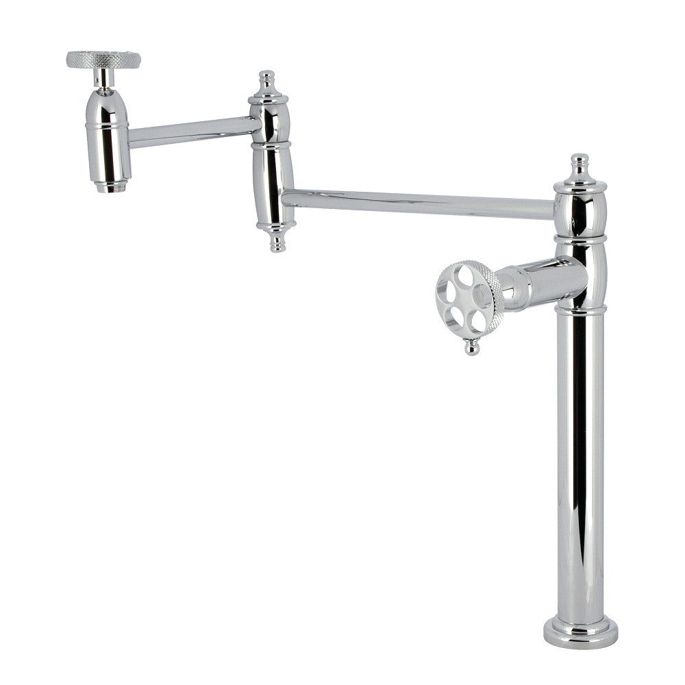 Kingston Brass KS3703RKX Webb Deck Mount Pot Filler Faucet with Knurled Handle, Antique Brass in polished chrome finish