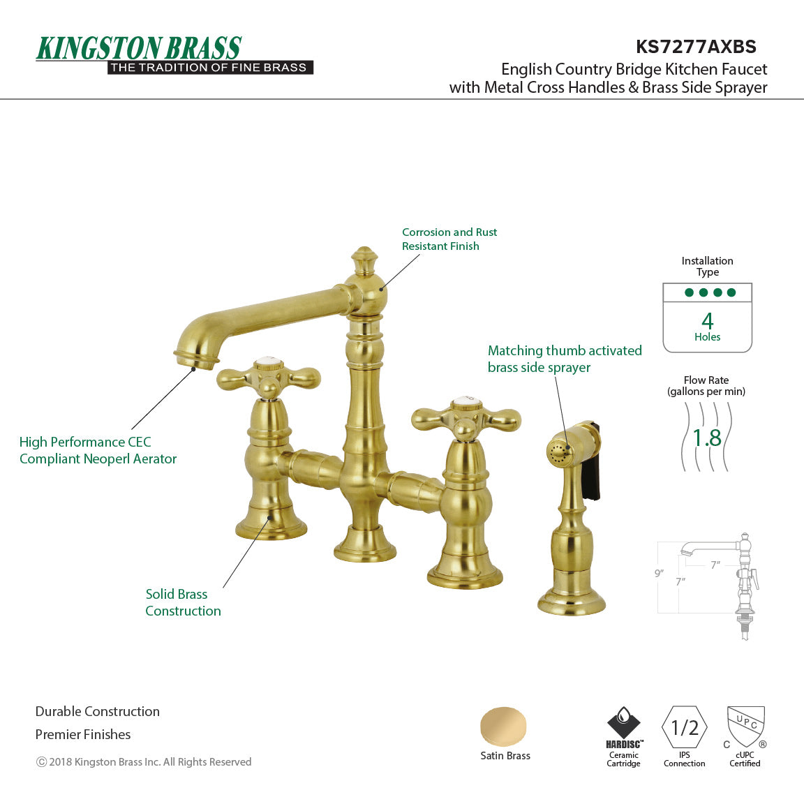 Kingston KS7277AXBS English Country Bridge Kitchen Faucet with Brass Sprayer, Brushed Brass design and features.