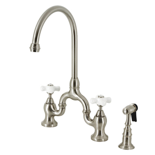 Kingston KS7798PXBS English Country Bridge Kitchen Faucet with Brass Sprayer, Brushed Nickel