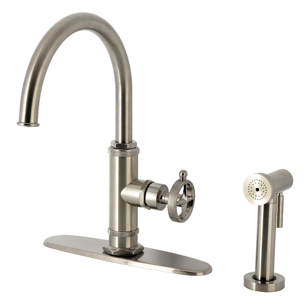 Kingston Brass KSD2433RNK Levante Single-Handle Kitchen Faucet, Antique Brass with side spray and gooseneck spout.