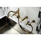 Kingston KS1243PXBS Heritage Two-Handle Wall Mount Bridge Kitchen Faucet with Brass Sprayer, Antique Brass