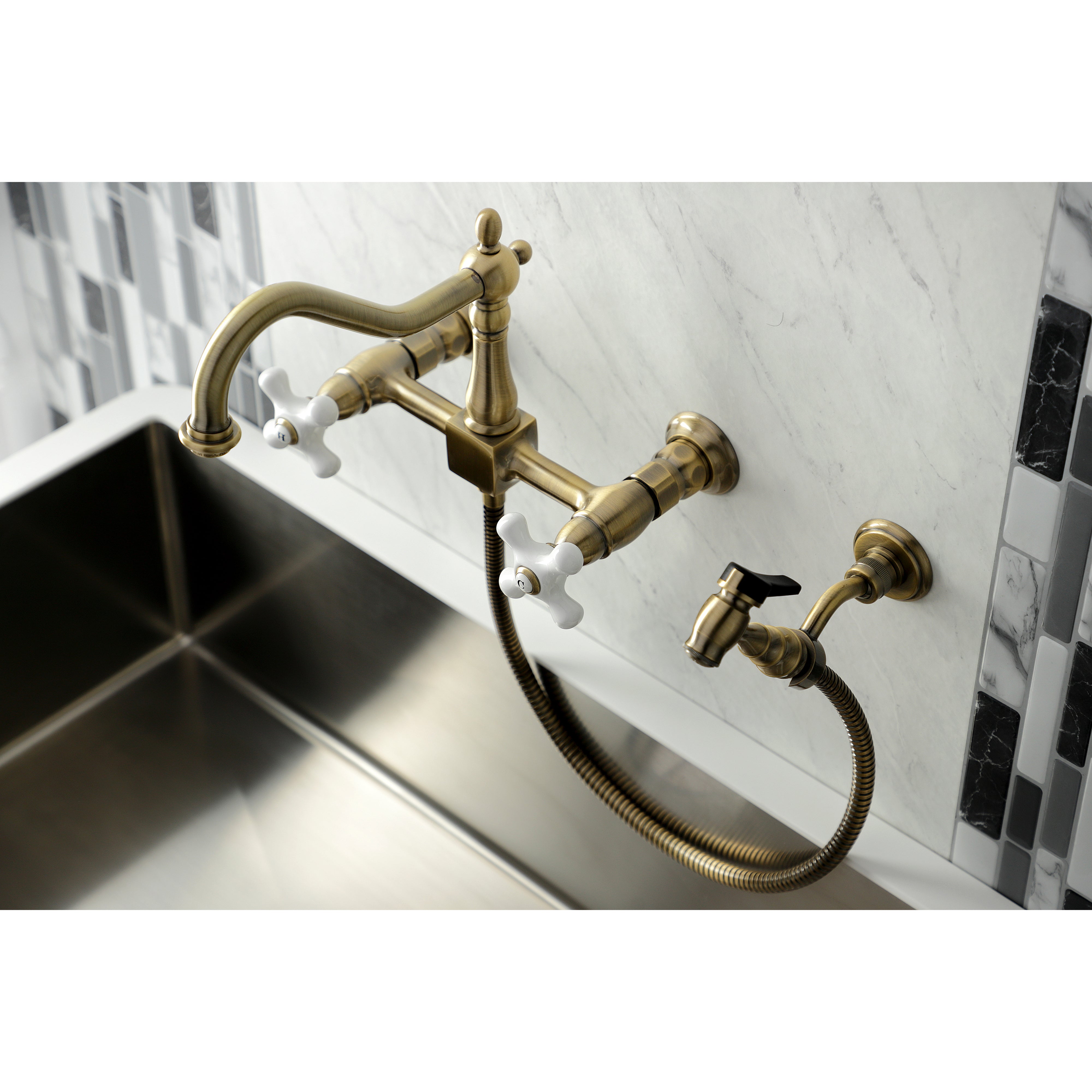 Kingston KS1243PXBS Heritage Two-Handle Wall Mount Bridge Kitchen Faucet with Brass Sprayer, Antique Brass