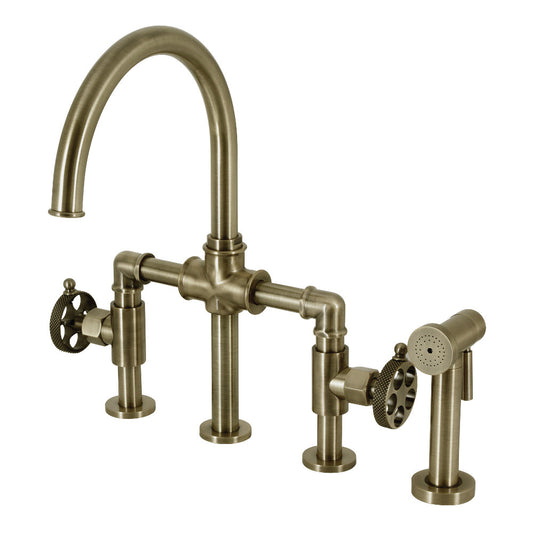 Kingston KS2333RKX Webb Knurled Handle Bridge Kitchen Faucet with Brass Sprayer, Antique Brass