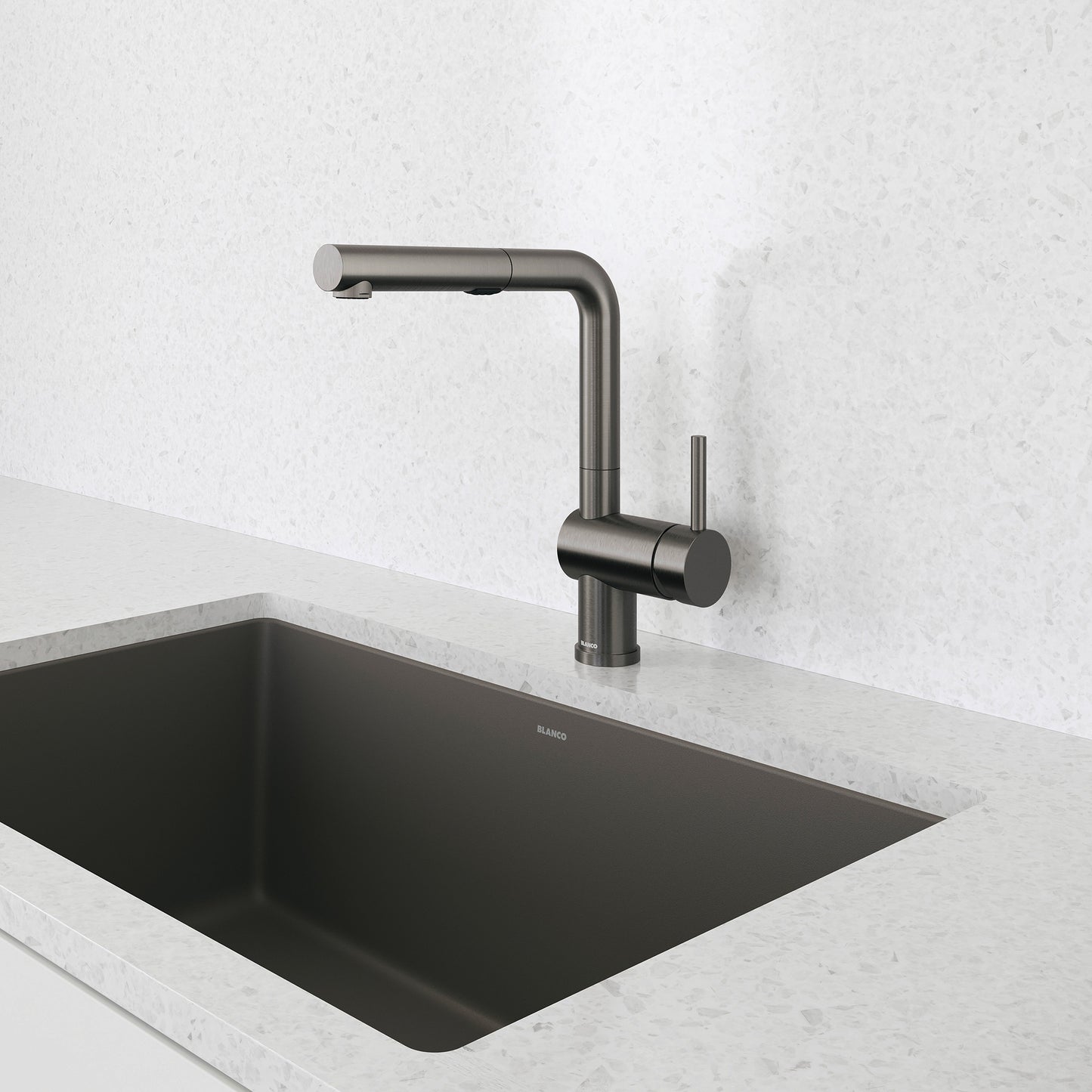 BLANCO Precis SILGRANIT 30" Single Bowl Undermount Kitchen Sink with modern faucet in contemporary kitchen.