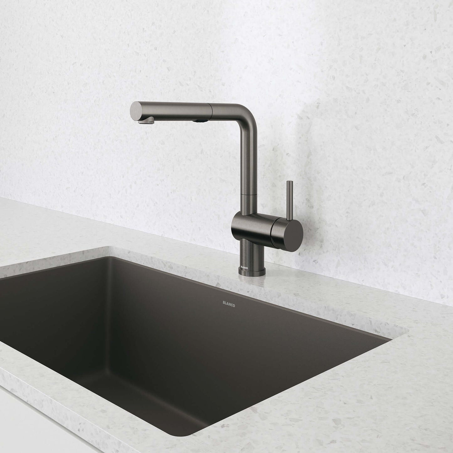BLANCO Linus Low Arc Pull-Out Dual-Spray Kitchen Faucet - installed in modern kitchen sink