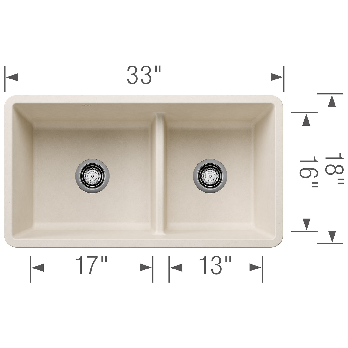 BLANCO Precis SILGRANIT 33" 60/40 Reversible Double Bowl Undermount Kitchen Sink with Low Divide dimensions diagram