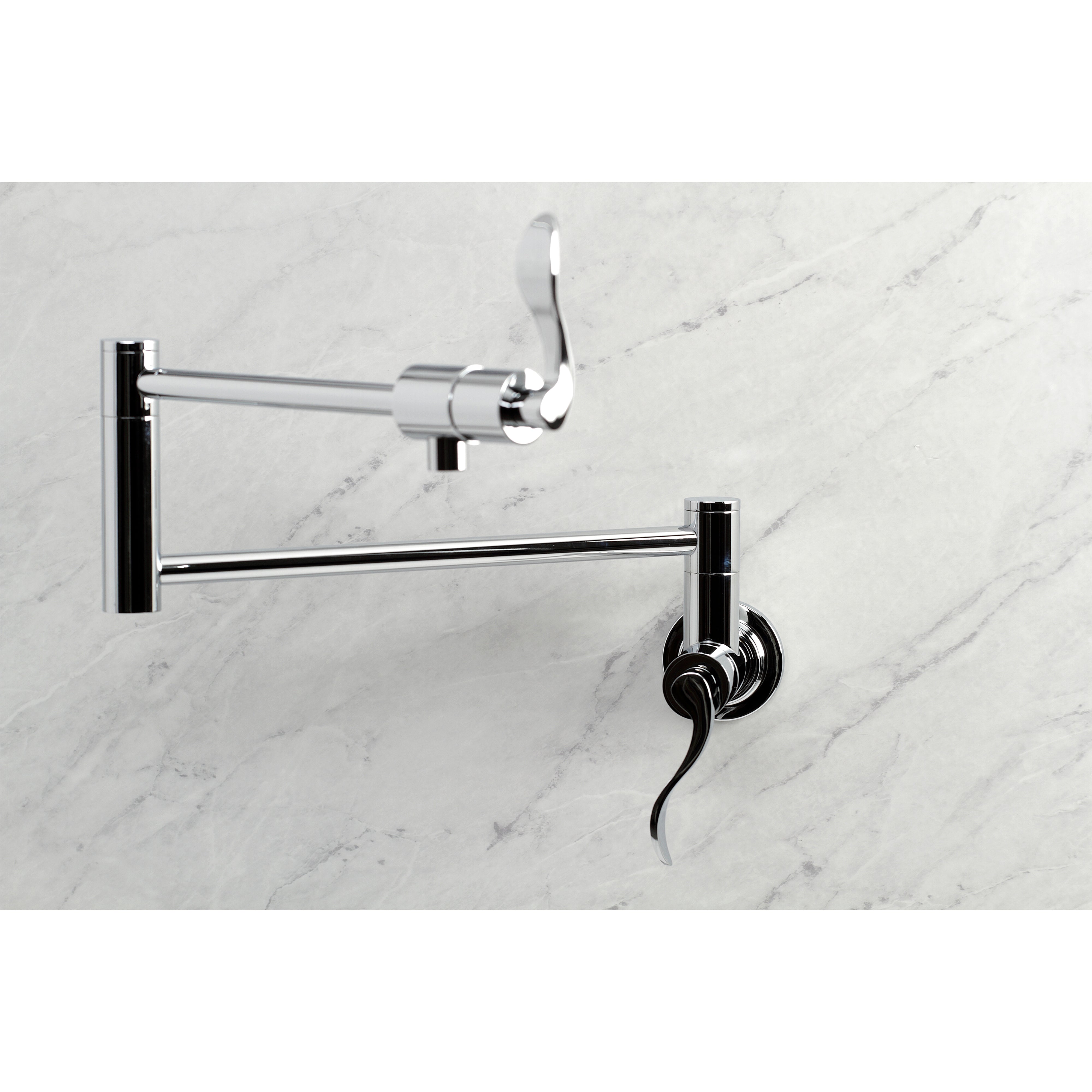 Kingston Brass KS4103DFL NuWave Wall Mount Pot Filler Faucet, Antique Brass in a modern kitchen setting.