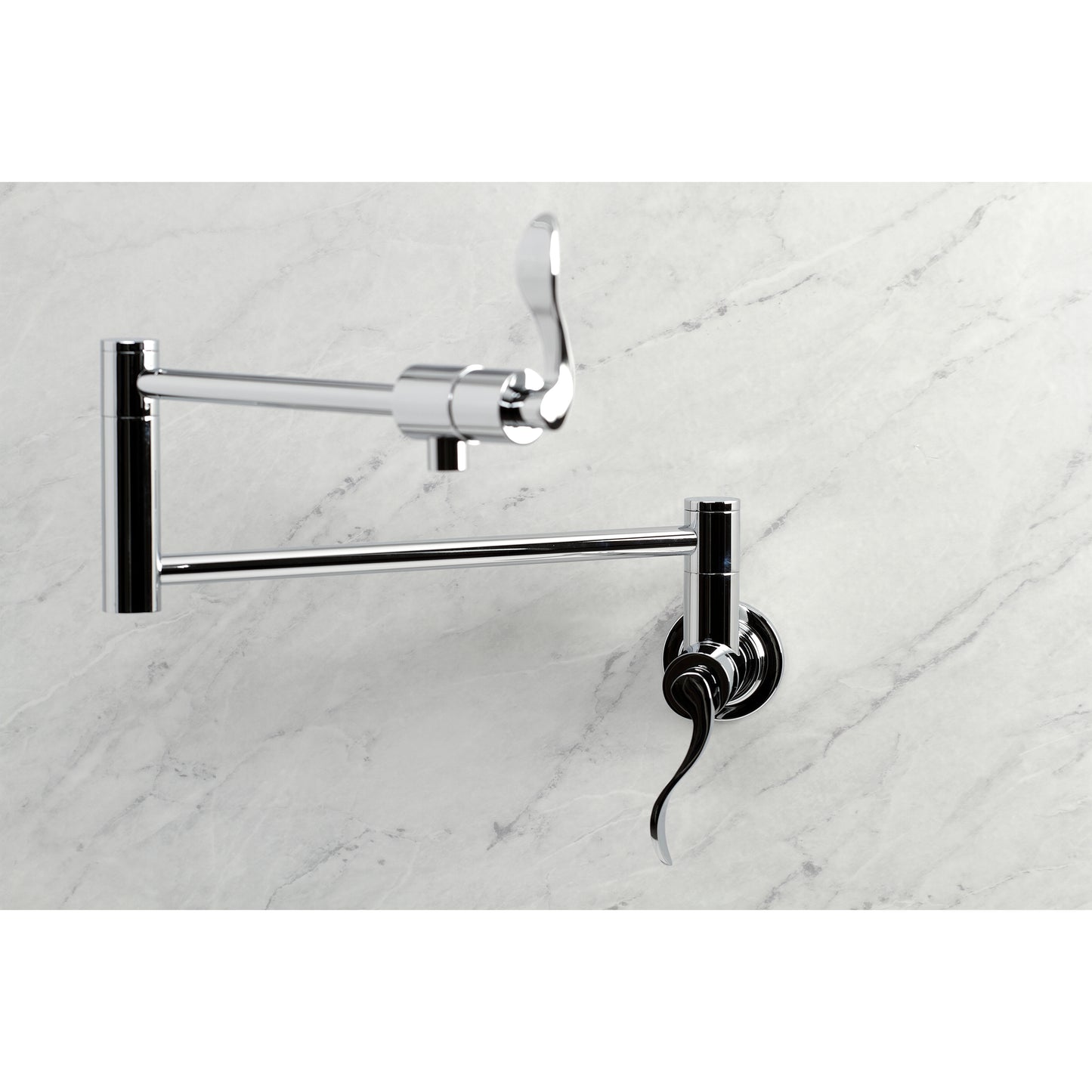 Kingston Brass KS4103DFL NuWave Wall Mount Pot Filler Faucet, Antique Brass in a modern kitchen setting.