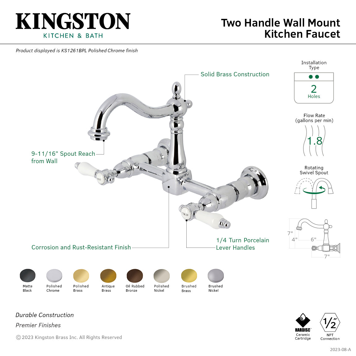 Kingston KS1263BPL Bel-Air Two-Handle Wall Mount Bridge Kitchen Faucet, Antique Brass with porcelain levers and swivel spout