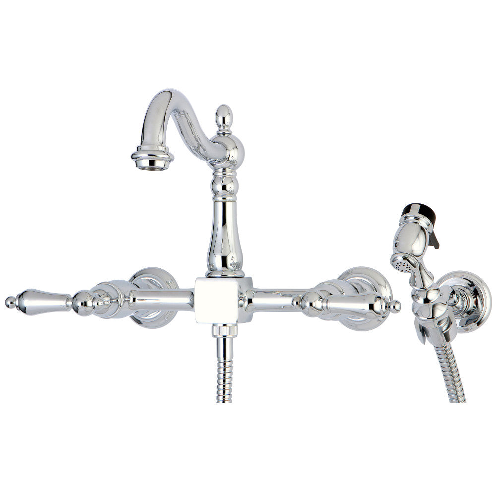 Kingston KS1263ALBS Heritage Two-Handle Wall Mount Bridge Kitchen Faucet with Brass Sprayer, Antique Brass