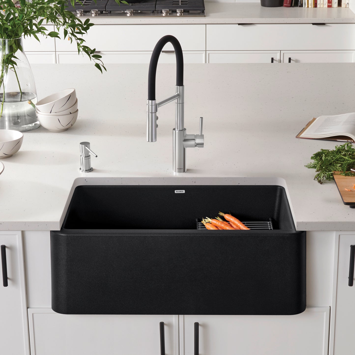 BLANCO Ikon SILGRANIT 30" Single Bowl Apron-Front Farmhouse Sink with modern faucet and kitchen setup.