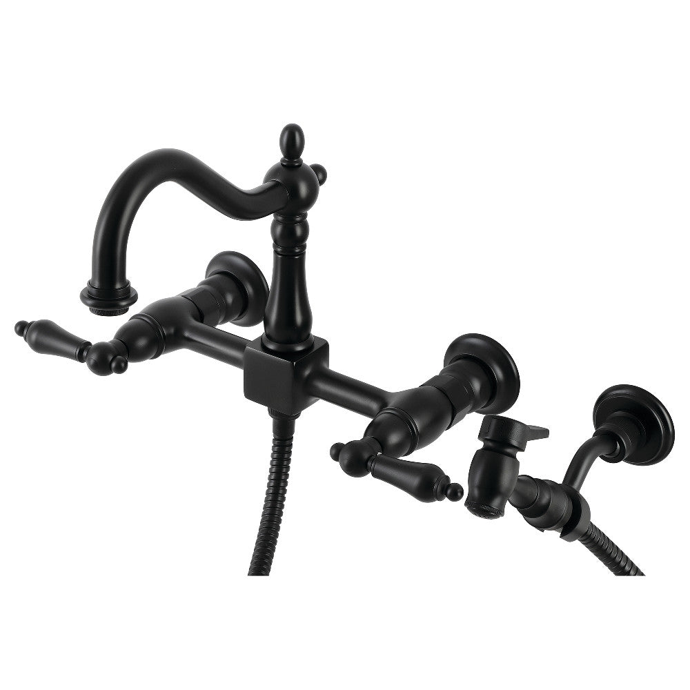 Kingston KS1263ALBS Heritage Two-Handle Wall Mount Bridge Kitchen Faucet with Brass Sprayer, Antique Brass in matte black finish