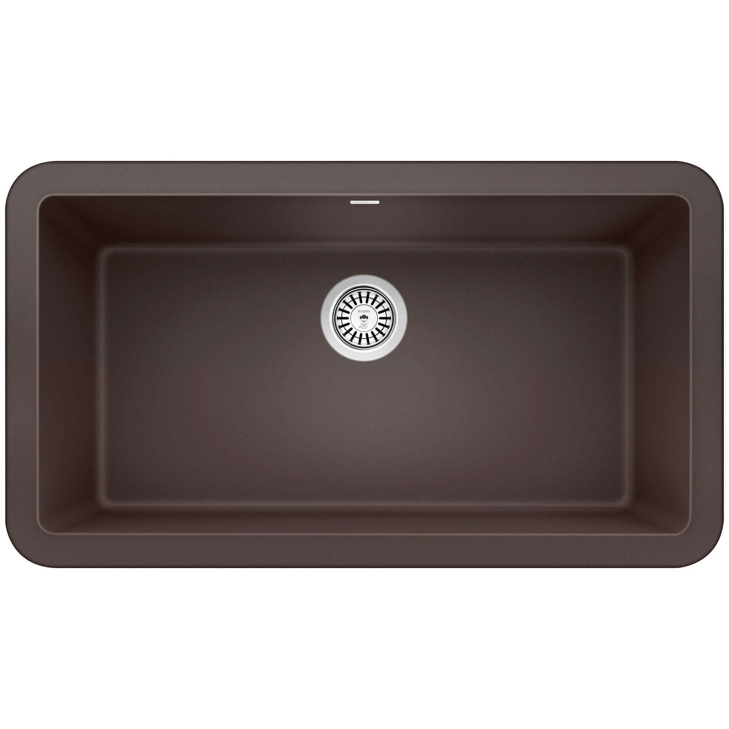 BLANCO Ikon SILGRANIT 33" Single Bowl Apron-Front Farmhouse Sink in brown finish, top view showcasing its deep bowl design.