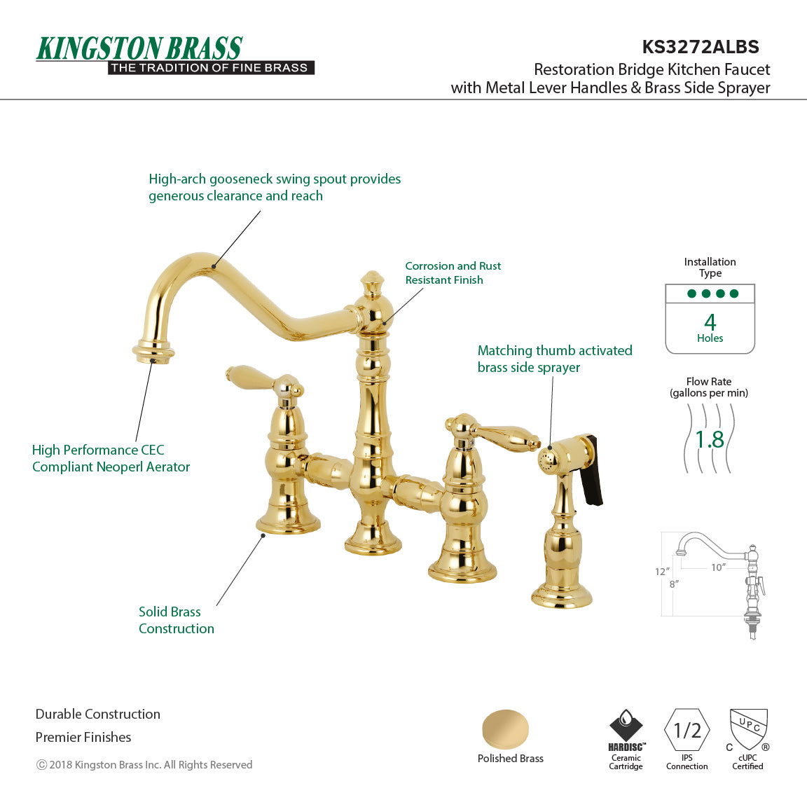 Kingston KS3277ALBS Restoration Bridge Kitchen Faucet with Brass Sprayer, Brushed Brass image showcasing high-arch gooseneck design.