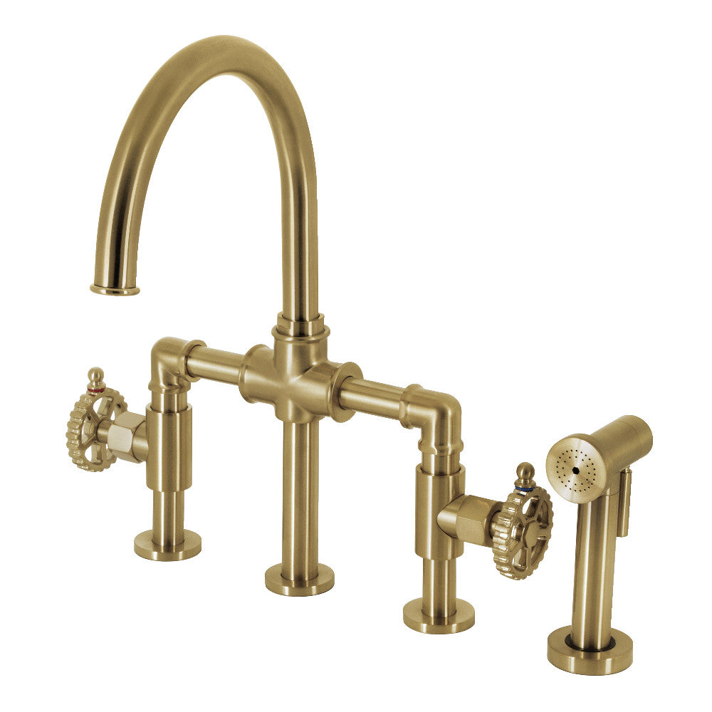 Kingston KS2334CG Fuller Industrial Style Bridge Kitchen Faucet with Brass Sprayer, Black Stainless