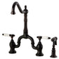 Kingston KS7753BPLBS Bel-Air Bridge Kitchen Faucet with Brass Sprayer, Antique Brass design, white porcelain levers, oil rubbed bronze finish.
