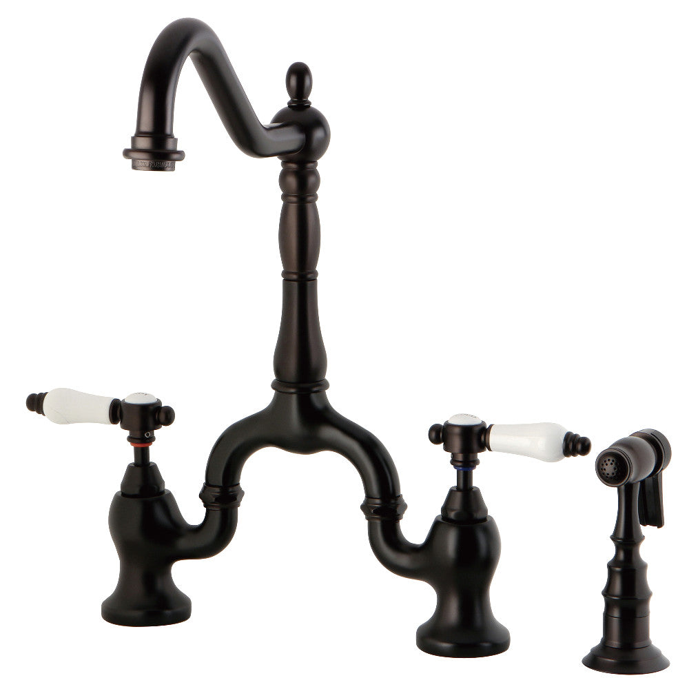 Kingston KS7753BPLBS Bel-Air Bridge Kitchen Faucet with Brass Sprayer, Antique Brass design, white porcelain levers, oil rubbed bronze finish.