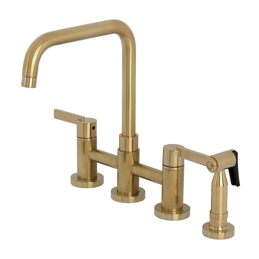 Kingston KS8287CTLBS Continental Bridge Kitchen Faucet with Brass Sprayer, Brushed Brass design and ergonomic blade style handle