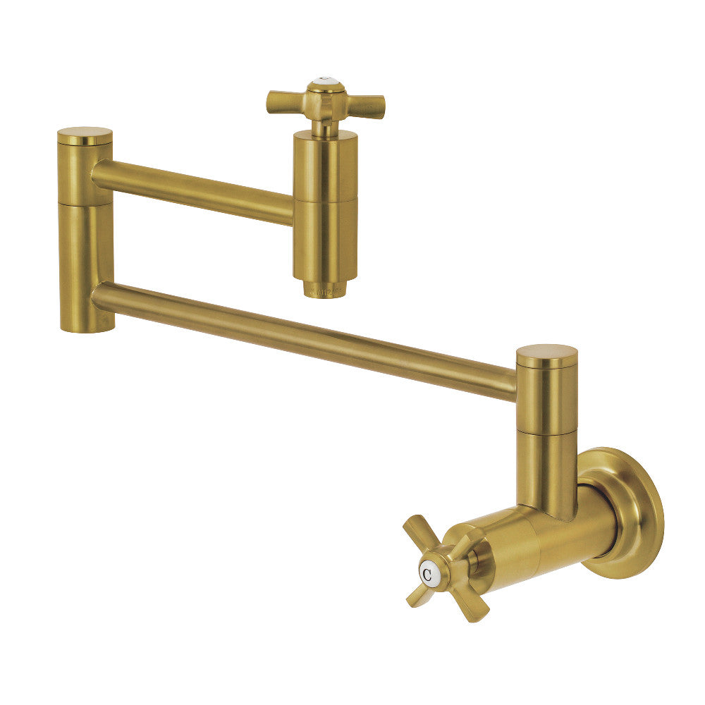 Kingston Brass KS8103ZX Millennium Wall Mount Pot Filler Faucet, Antique Brass with brushed brass finish and foldable swing arms.