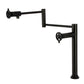 Kingston Brass KS4703CG Fuller Deck Mount Pot Filler Faucet, Antique Brass with foldable swing arms in matte black.