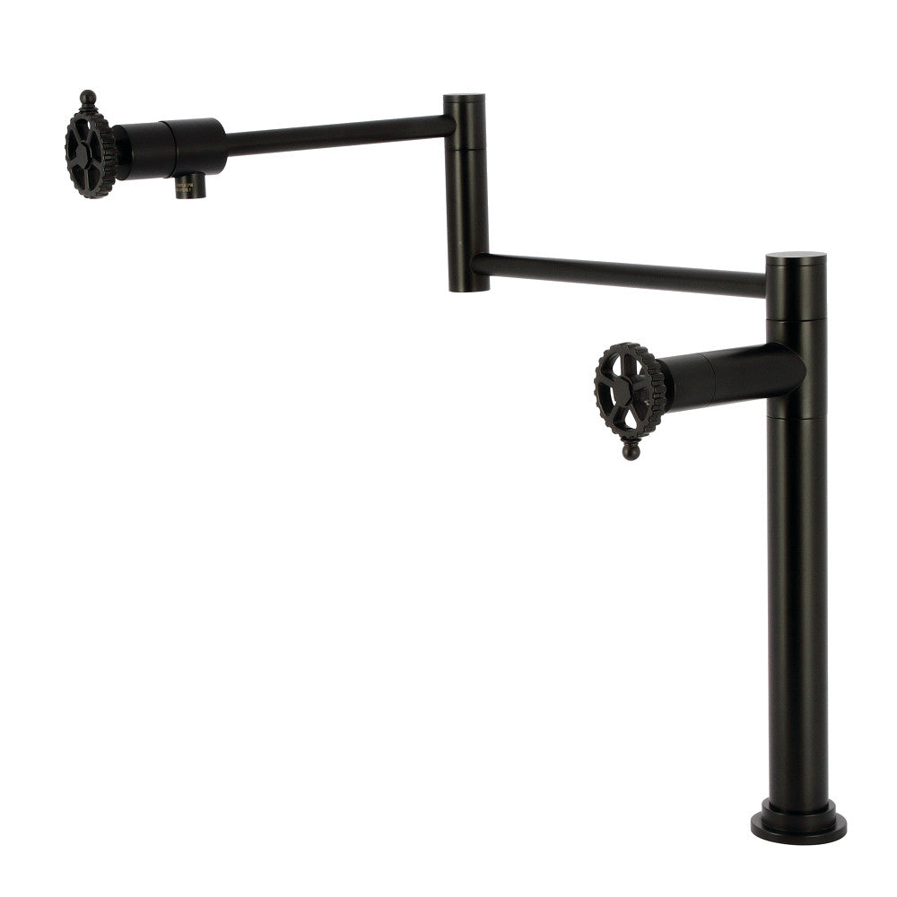 Kingston Brass KS4703CG Fuller Deck Mount Pot Filler Faucet, Antique Brass with foldable swing arms in matte black.