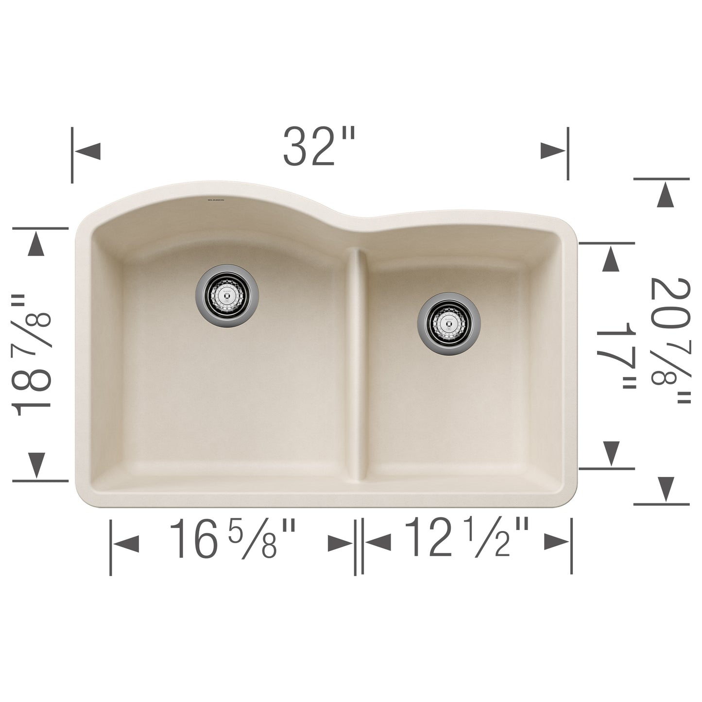 BLANCO Diamond SILGRANIT 32" 60/40 Double Bowl Undermount Kitchen Sink with Low Divide top view and dimensions.