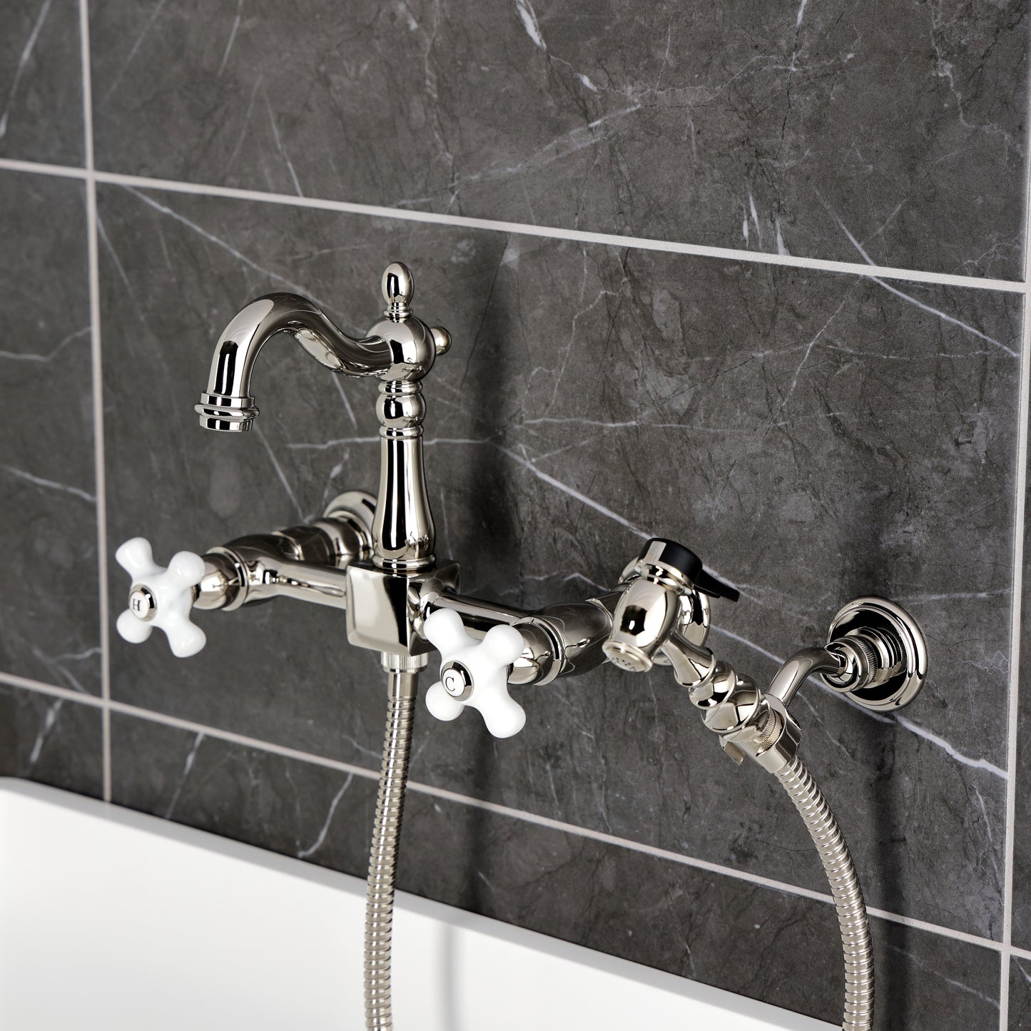 Kingston KS2443PXBS Heritage Two-Handle Wall Mount Bridge Kitchen Faucet with Brass Sprayer, Antique Brass