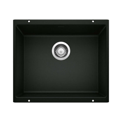 BLANCO Precis SILGRANIT 21" Single Bowl Undermount Kitchen Sink in Coal Black with stainless steel drain