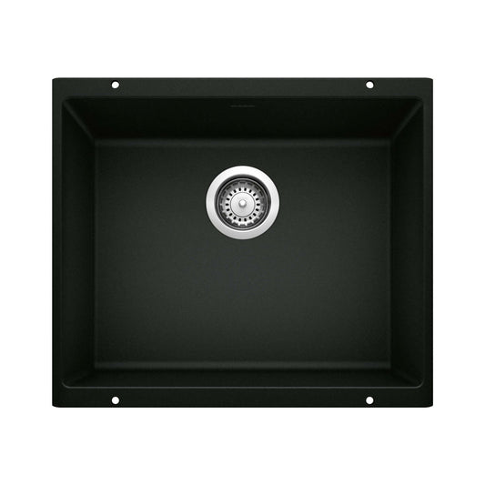 BLANCO Precis SILGRANIT 21" Single Bowl Undermount Kitchen Sink in Coal Black with stainless steel drain