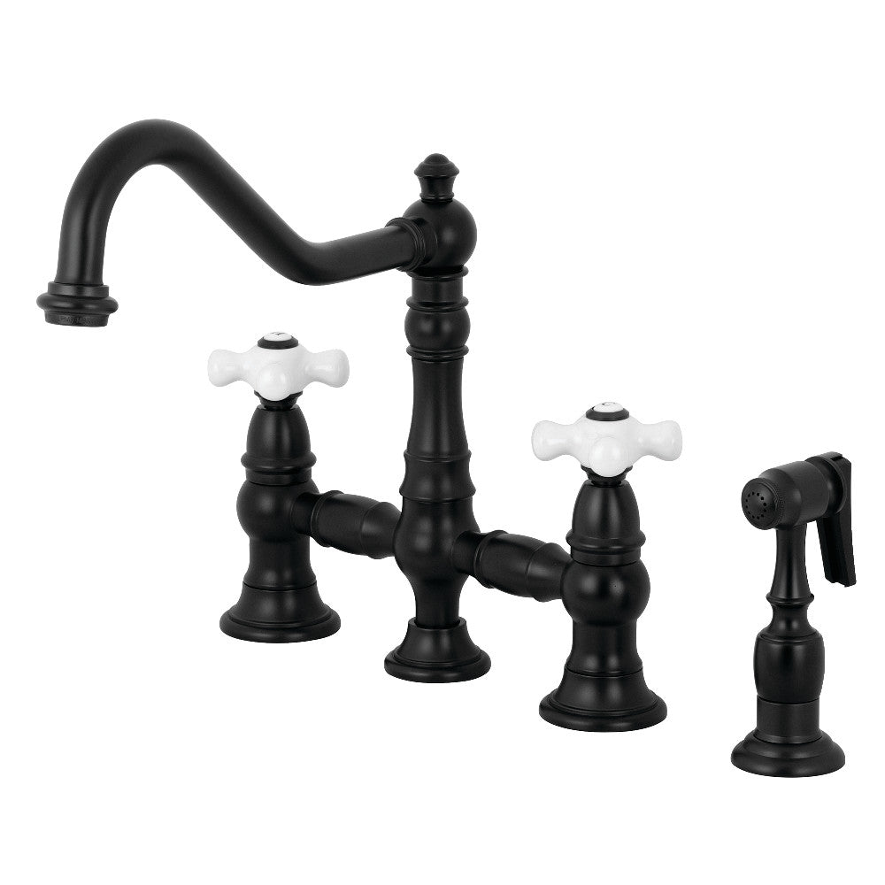 Kingston KS3277PXBS Restoration Bridge Kitchen Faucet with Brass Sprayer, Brushed Brass in matte black finish