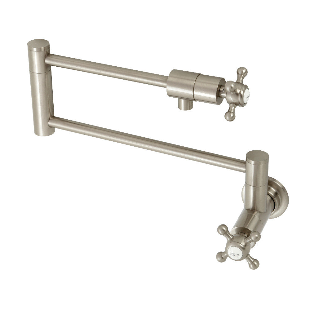 Kingston Brass KS4103BX Metropolitan Wall Mount Pot Filler Faucet, Antique Brass with foldable swing arms.