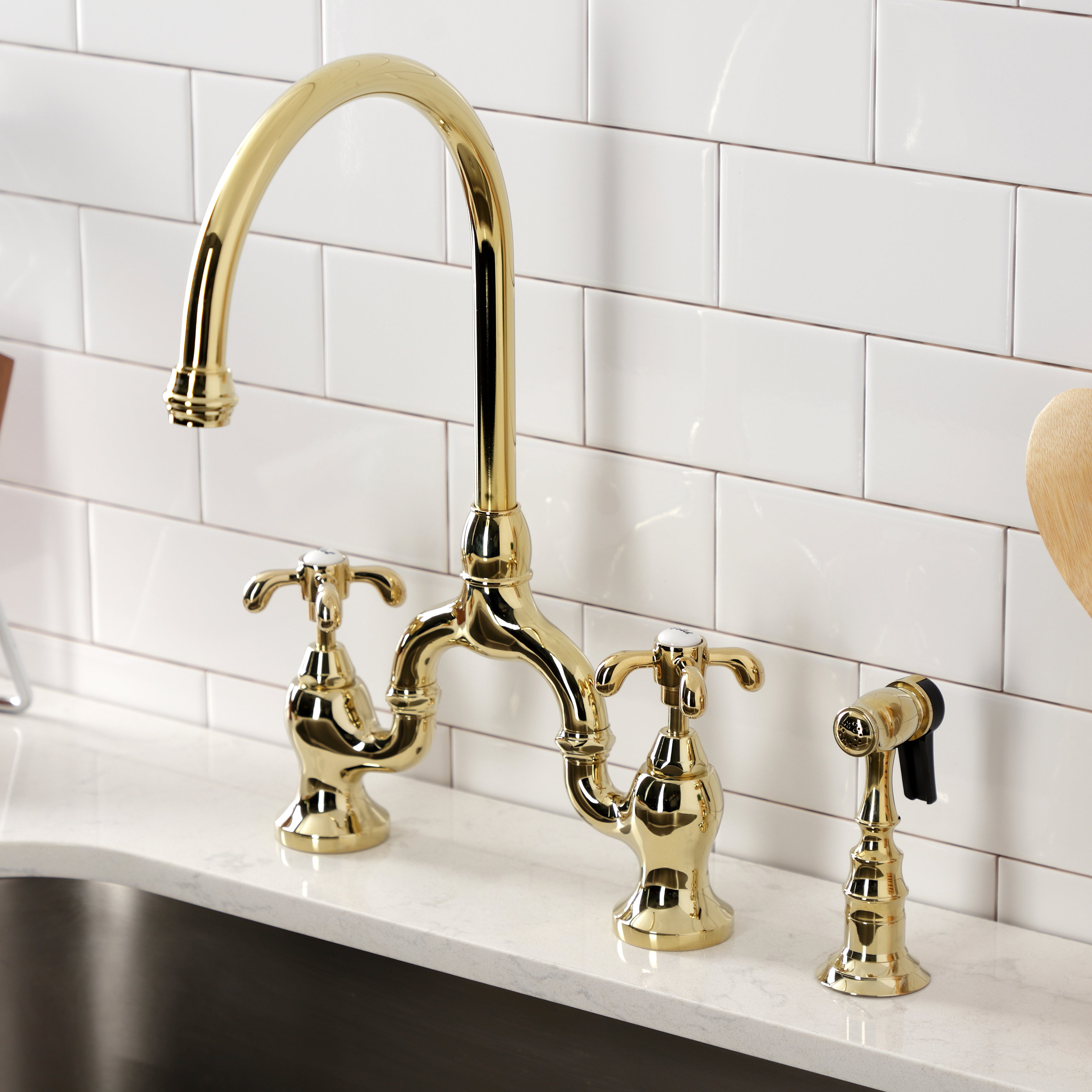 Kingston KS7793TXBS French Country Bridge Kitchen Faucet with Brass Sprayer, Antique Brass