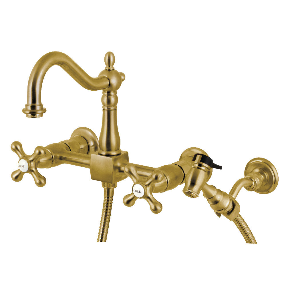 Kingston KS1263AXBS Heritage Two-Handle Wall Mount Bridge Kitchen Faucet with Brass Sprayer, Antique Brass