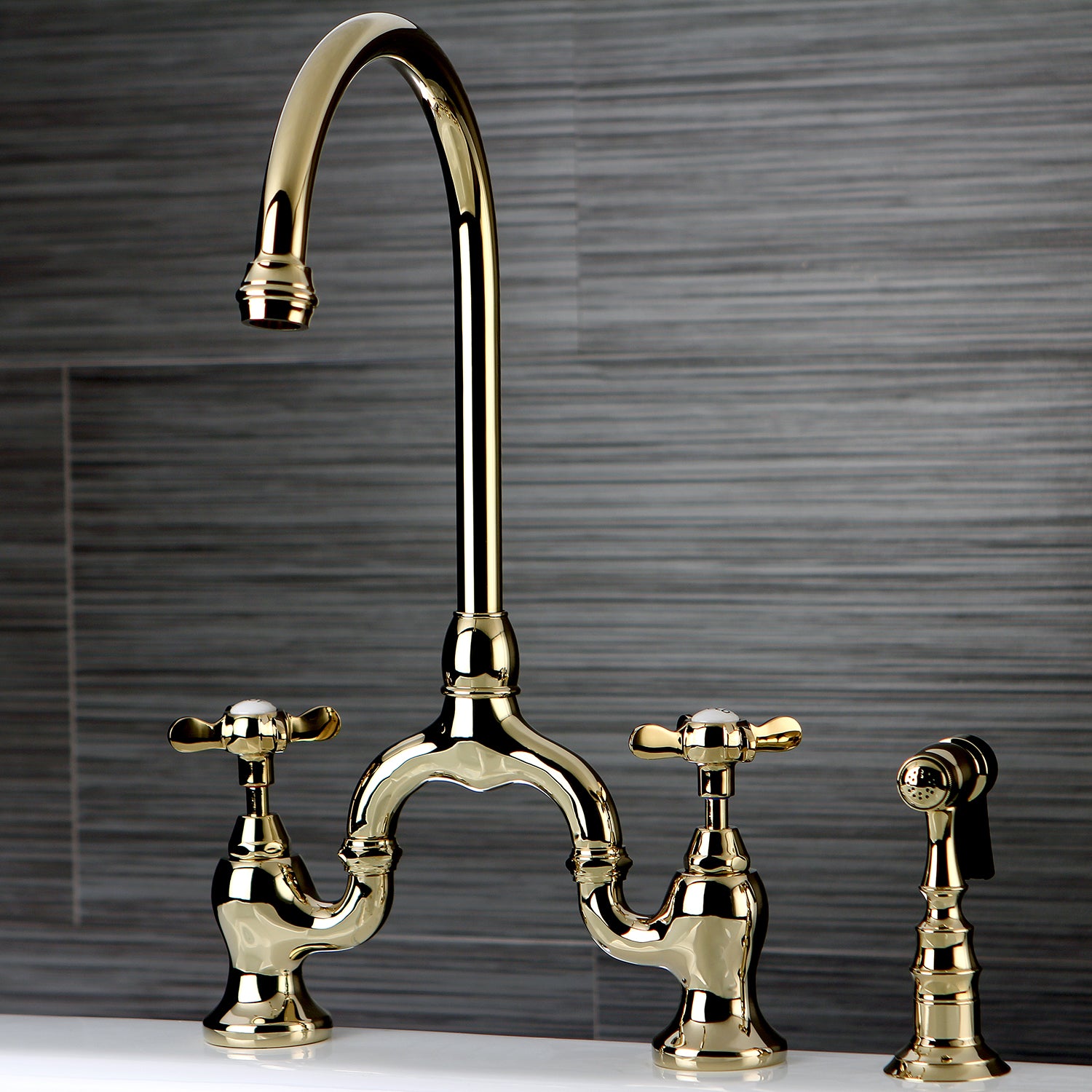 Kingston KS7798BEXBS Essex Bridge Kitchen Faucet with Brass Sprayer, Brushed Nickel in polished gold finish