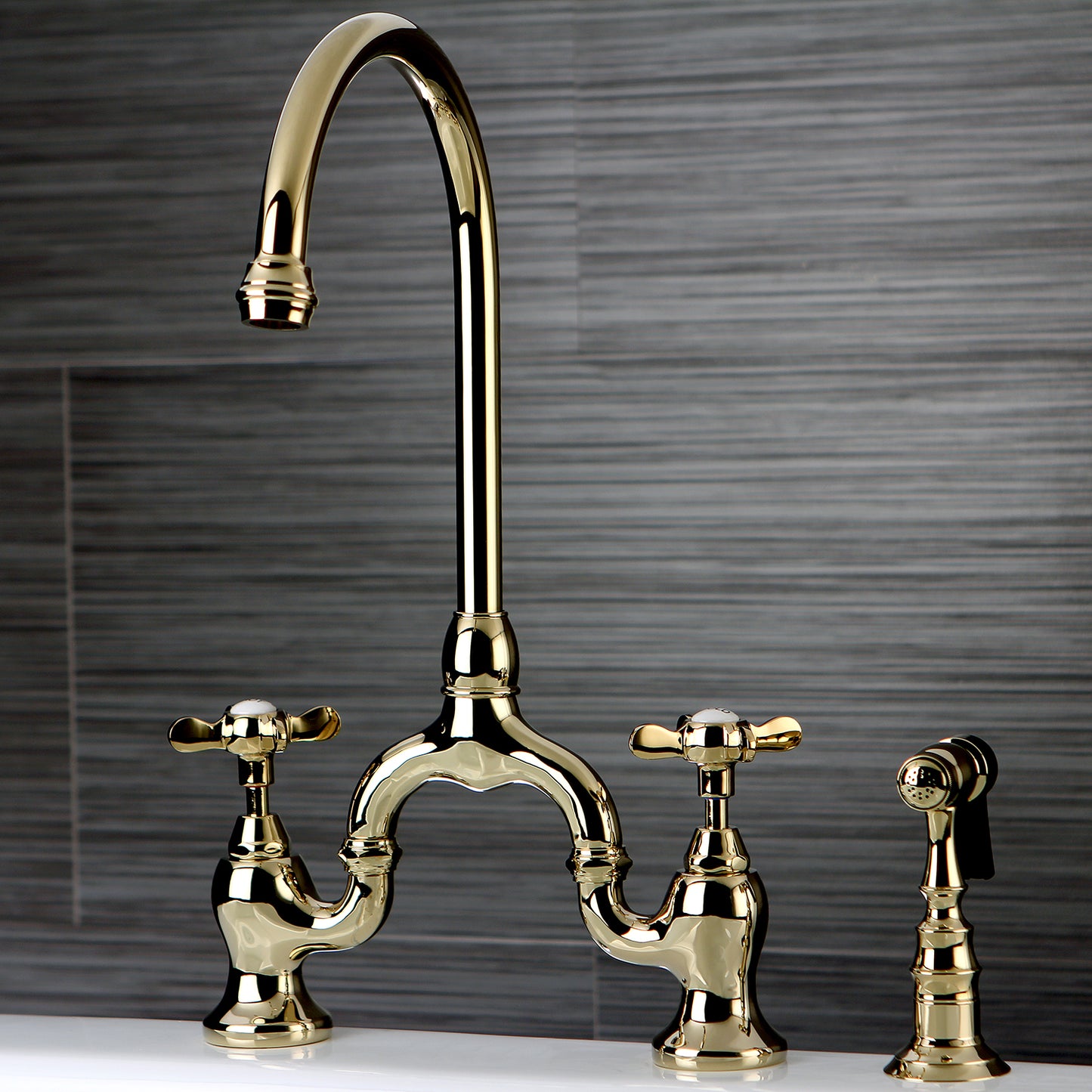 Kingston KS7798BEXBS Essex Bridge Kitchen Faucet with Brass Sprayer, Brushed Nickel in polished gold finish
