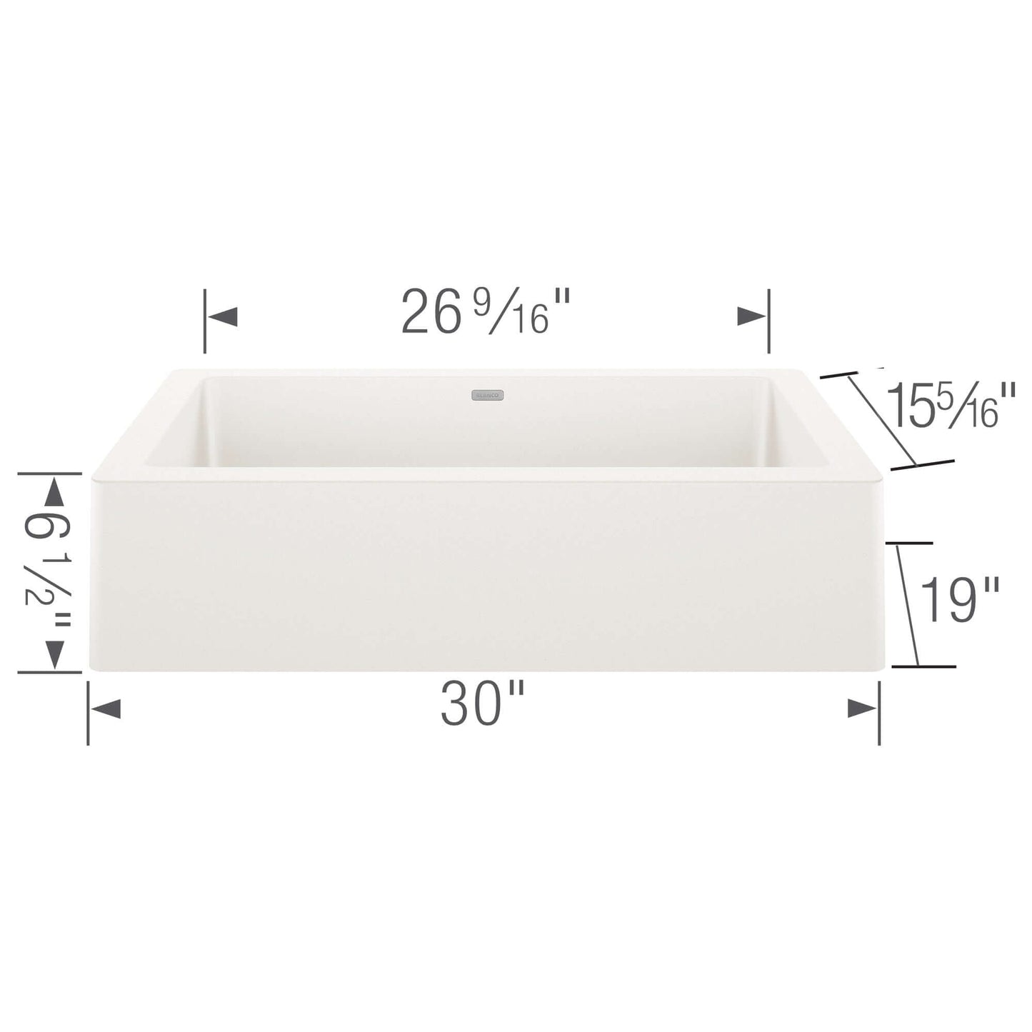BLANCO VINTERA 30" SILGRANIT Single Bowl Farmhouse Sink dimensions illustration including measurements of depth and width.