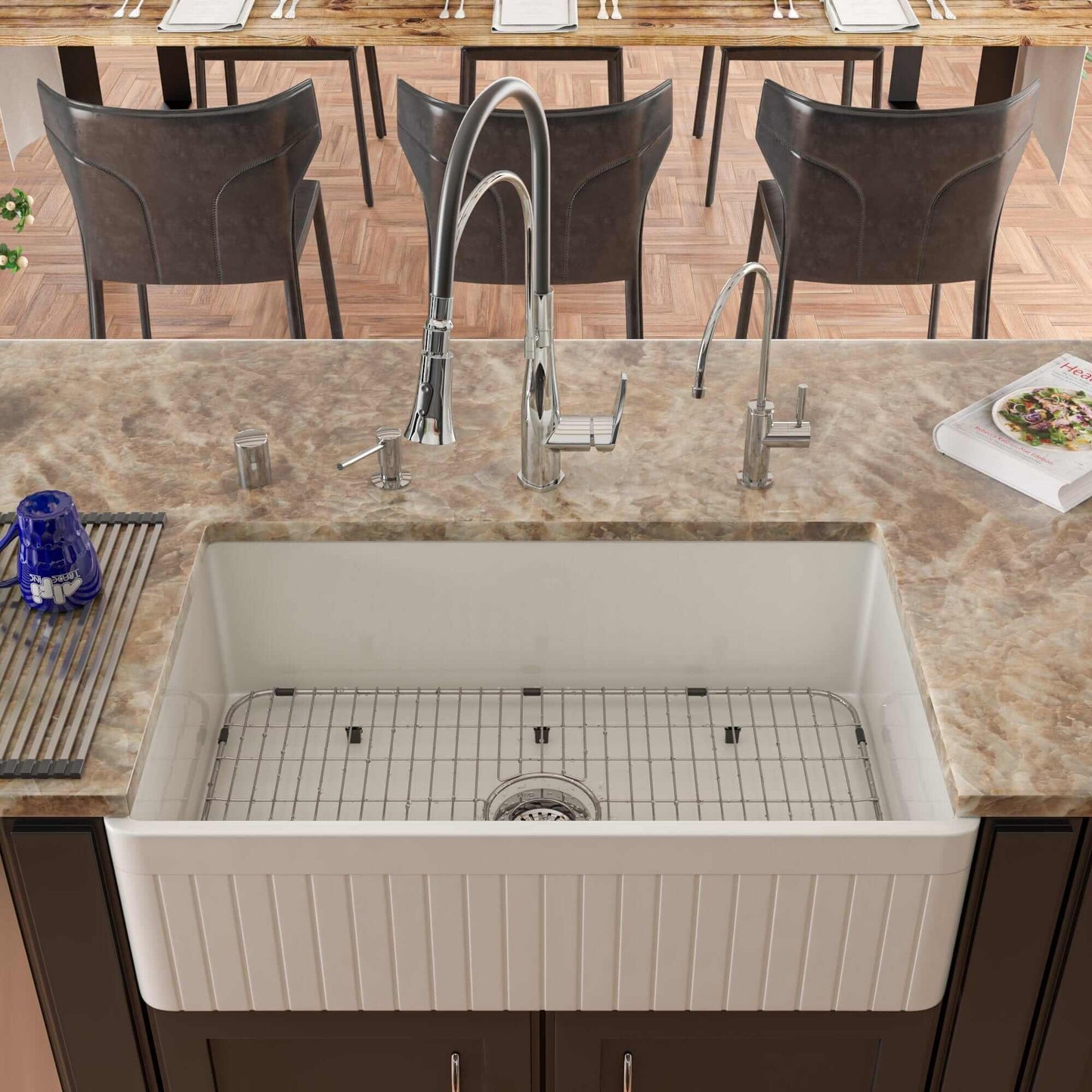 ALFI 33" White Single Bowl Fluted Apron Fireclay Farm Sink AB532-W installed in a contemporary kitchen with modern fixtures.